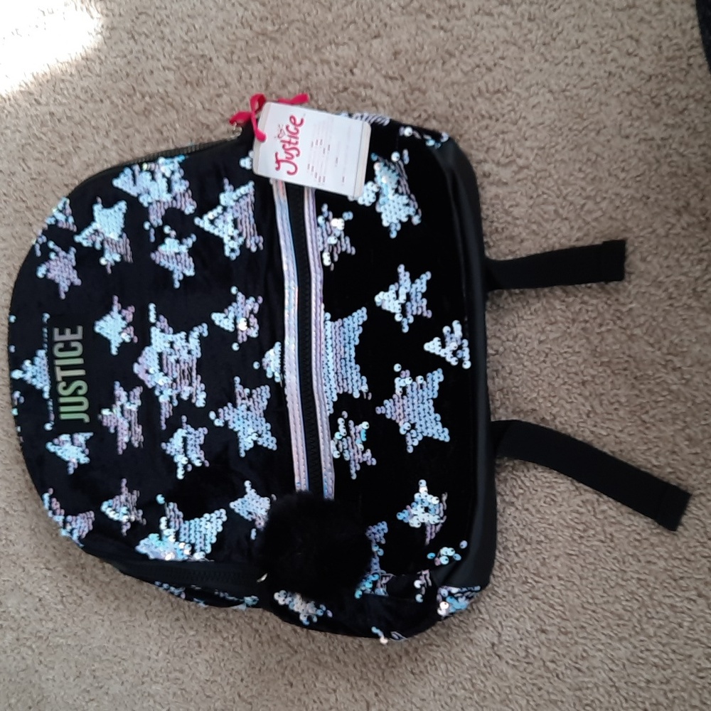 NWT Justice black backpack with silver stars and fuzzy keychain